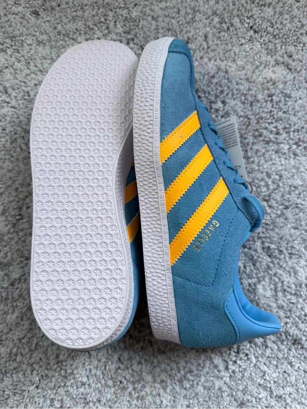 adidas womens Gazelle J Blue with Yellow Stripes Suede Sneakers